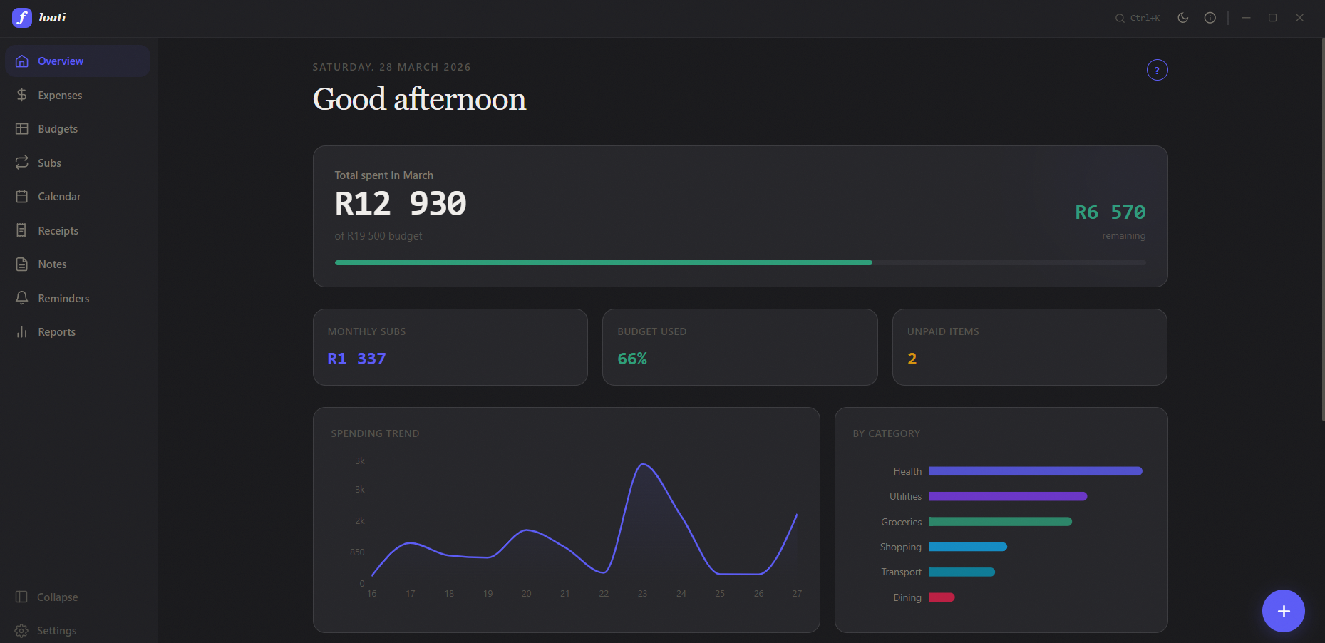 Floati dashboard in dark mode