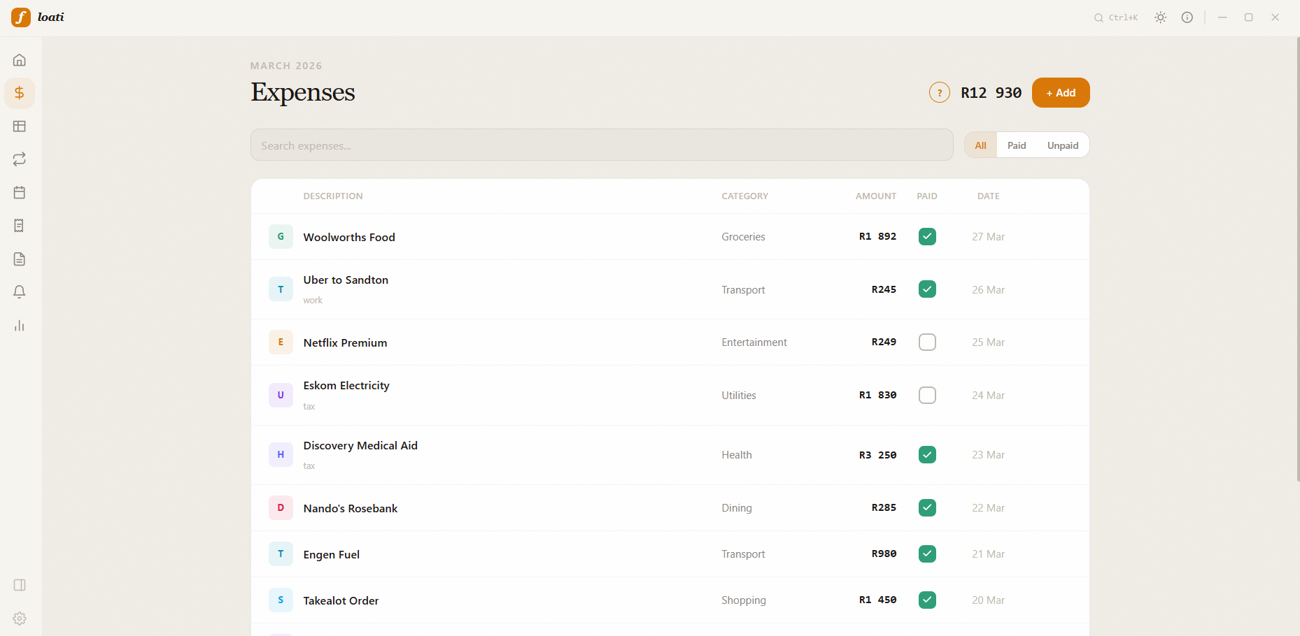 Expenses table with paid and unpaid rows