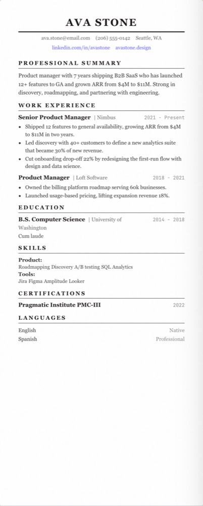 Example one-page resume built with Floati's Executive template.