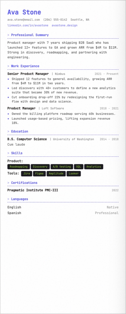 Resume with result-focused, verb-led bullet points in the Tech template.
