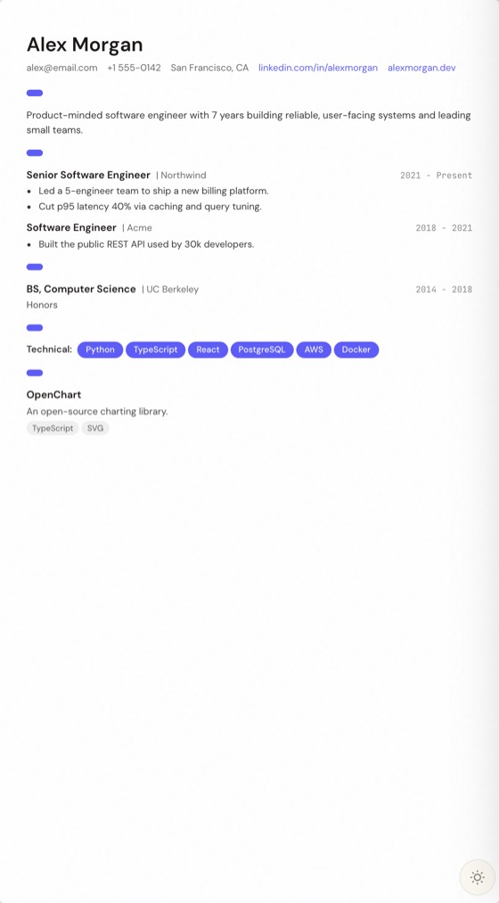 Startup resume template preview